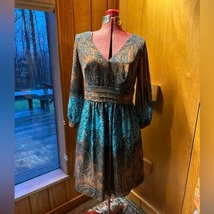 Gorgeous silk leopard look teal dress by Oleg Cassini Sz 6